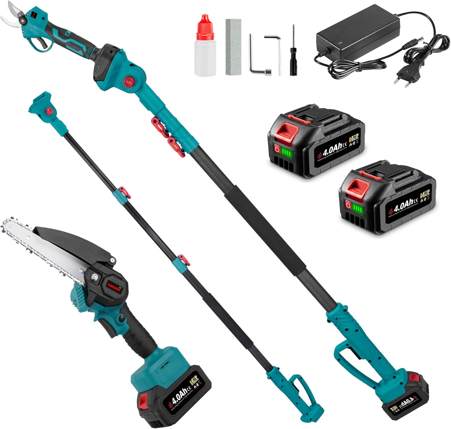 ONEVAN Akku Hochentaster und Astschere mit Teleskopstiel, 4-in-1, Bürstenlose 15 cm Akku Kettensäge + 25 mm Akku Baumschere + 260 cm Teleskopstange, 180° Einstellbarer Winkel, mit 2 4.0Ah Akkus