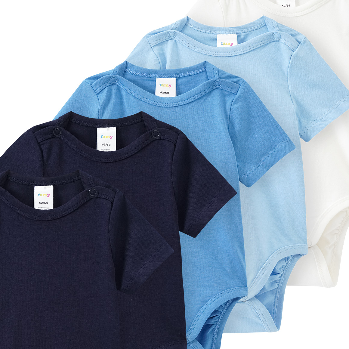 Famy 5 Baby Bodys in verschiedenen Farben dunkelblau / hellblau