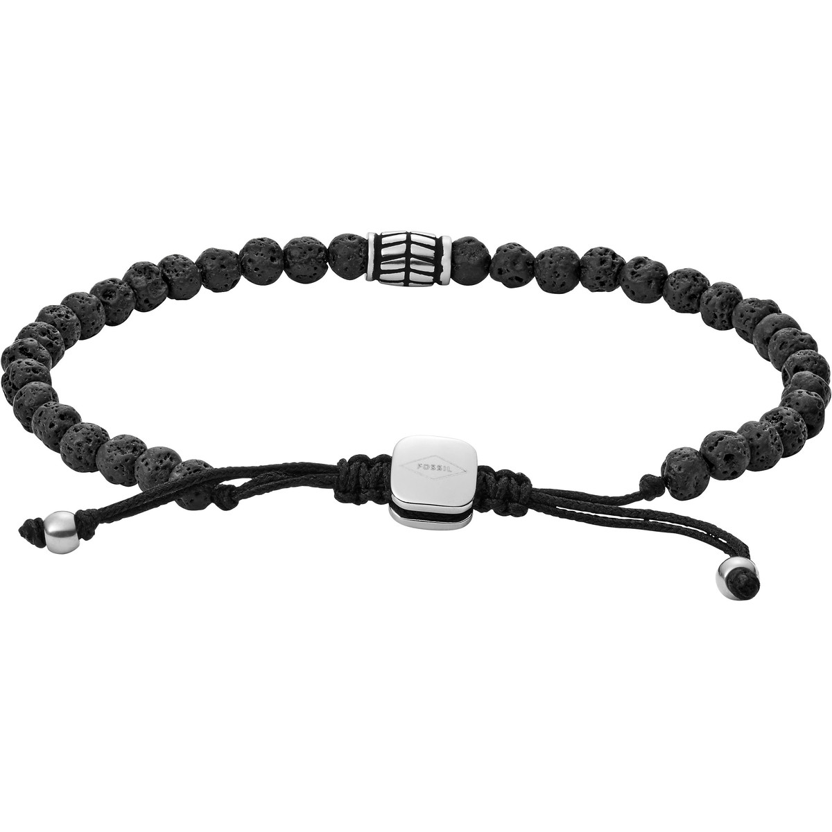 Bracelet FOSSIL acier cordon noir et pierres de laves noires.
