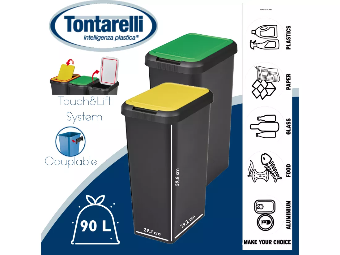 Réglez 2 bacs noirs Touch & Lift 90 litres avec couvercle jaune / vert