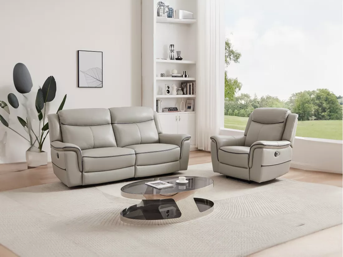 Canapé 3 places et fauteuil relax électrique en cuir gris clair ADELIO