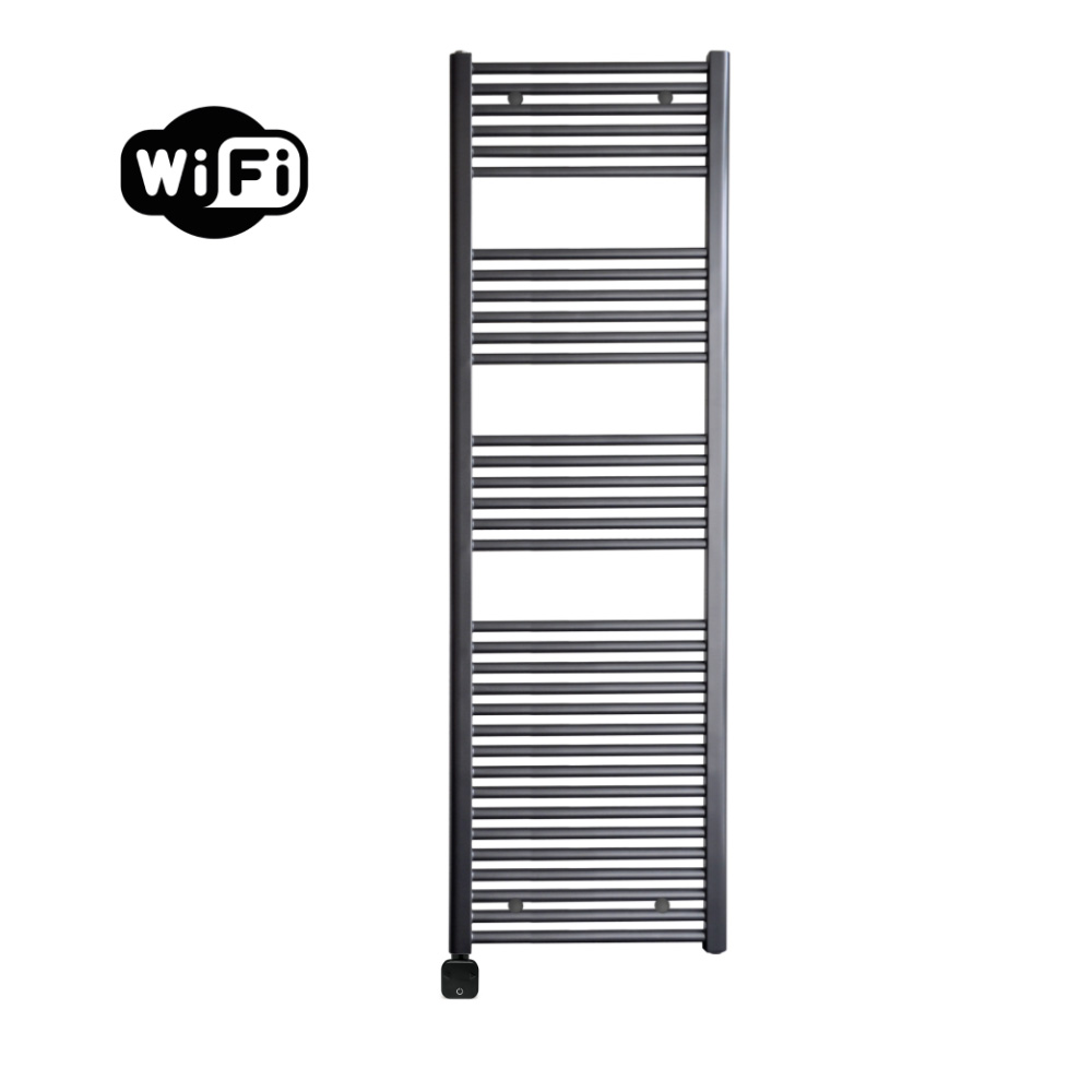 Sanicare Carini elektrische Wifi radiator 172x60cm gunmetal met thermostaat zwart linksonder