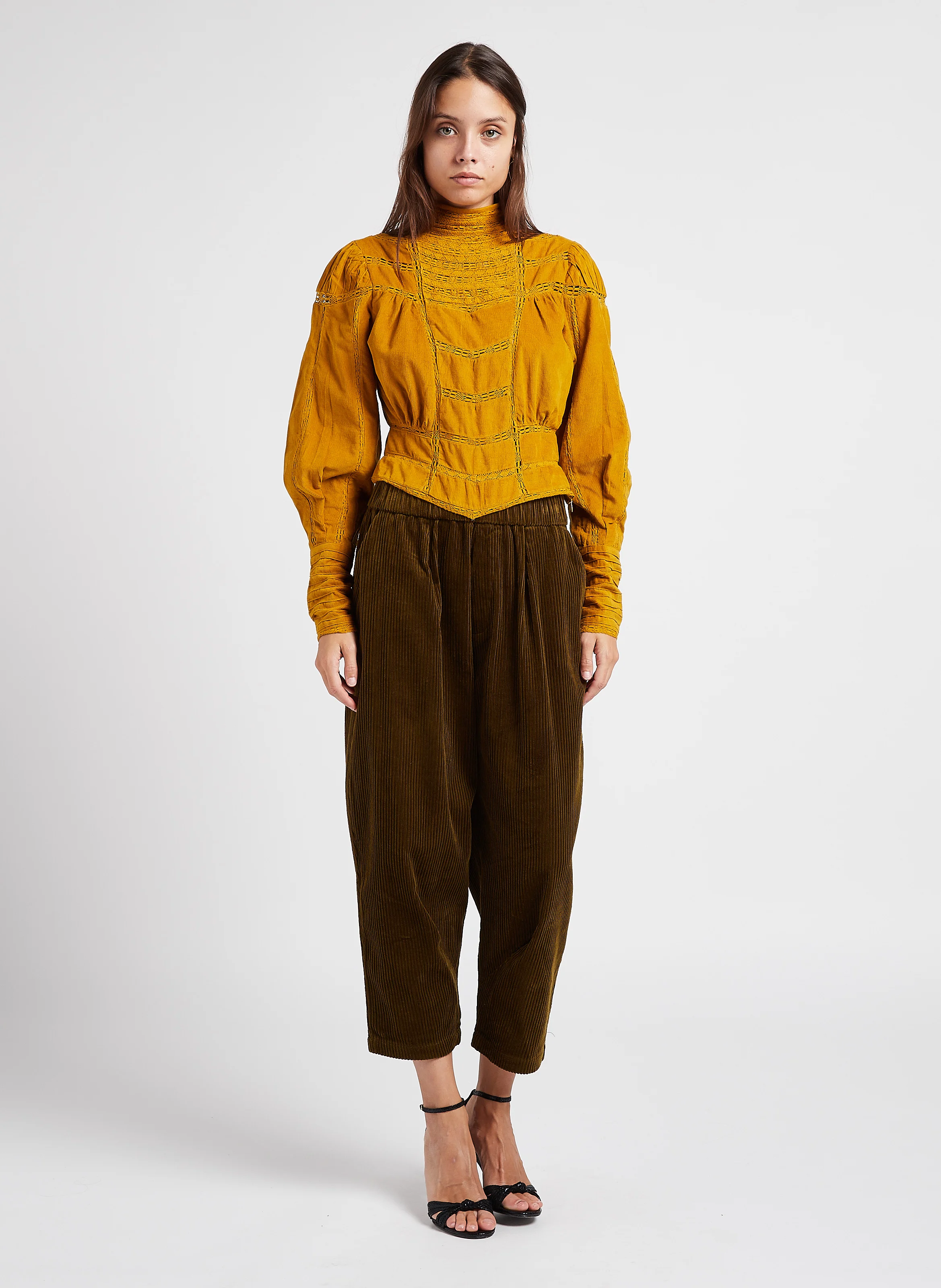 CRYSTA - Pantalon carotte en coton côtelé| Kaki