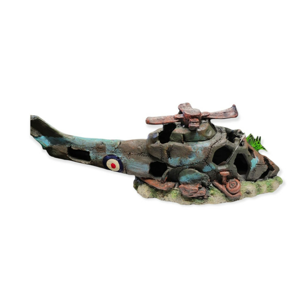 Hélicoptère azur, 38.5 x 13 x 15 cm, décoration aquarium.