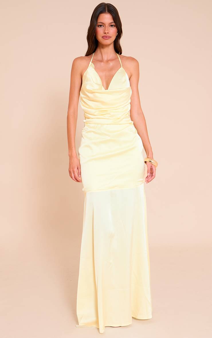 Citron Robe Longue Drapée Asymétrique En Satin