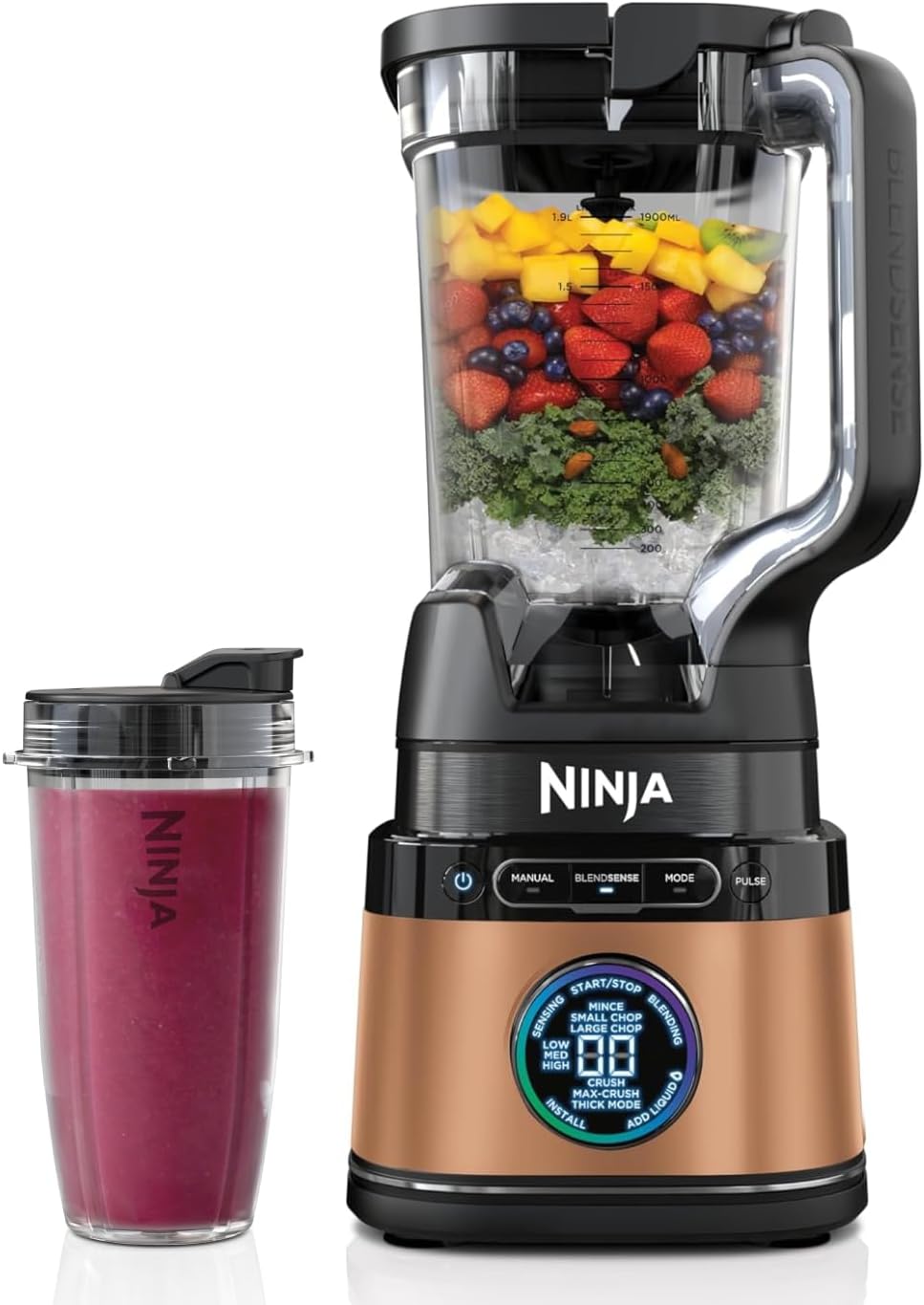 Ninja 2-in-1 Detect Power Mixer Pro & Single Serve, 1200W Mixer mit Krug, & Single Serve Tasse, Smoothies mixen, Gemüse hacken & Frozen Drinks mixen, Kupfer/Schwarz, TB301EUCP