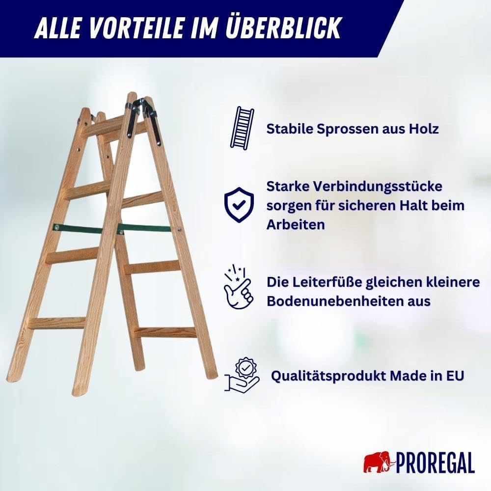 PROREGAL Houten Trapladder Economy Plus, Tweezijdige Toegang, 2 x 4 Sporten, Werkhoogte 2,70 m, Draagvermogen 150 kg