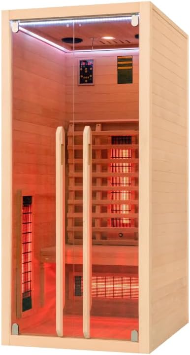 Infrarotkabine 1–2 Personen | Ganzglastür Klarglas | 90x100x195cm | Rubystrahler 1,3kW | Infrarotsauna für Zuhause | Fronteinstieg | Wärmekabine Indoor aus Holz Natur
