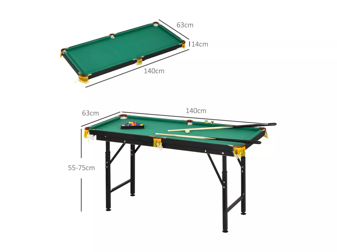 Table de billard pliable hauteur réglable avec accessoires - dim. 140L x 60l x 55-75H cm - vert