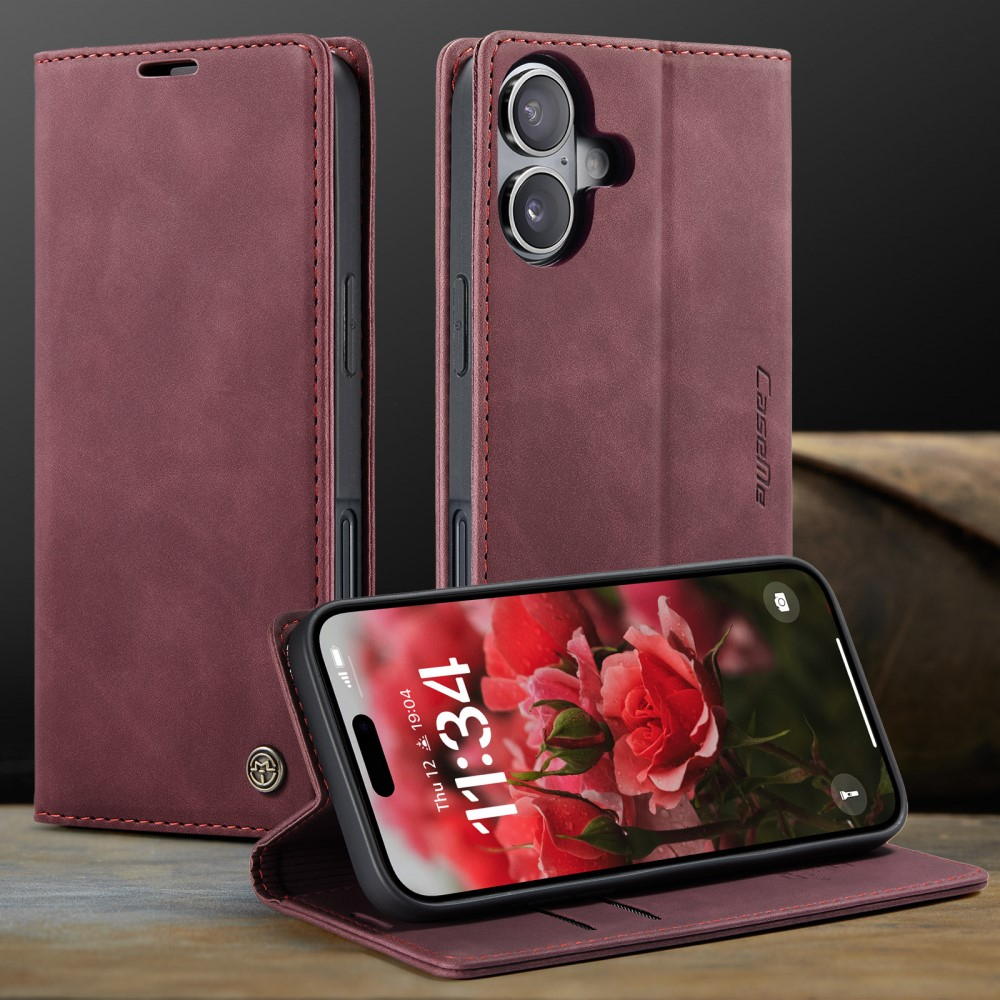 iPhone 16 Leder Tasche Flip Wallet Etui mit Kartenfächern - Dunkelrot