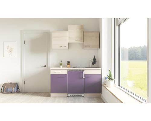 Flex Well enkele keuken met apparatuur Focus 150,5 cm acacia aubergine mat gedemonteerd omkeerbaar uitvoering 00008311