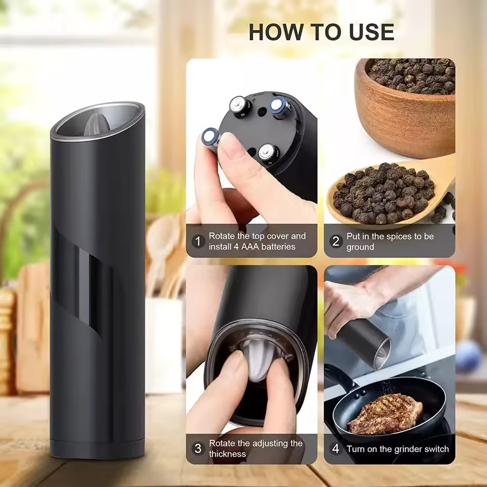 Elektrische Pfeffermühle Salz Grinder Automatische Gewürzmühle mit LED Licht (Batteriebetrieben) - Schwarz