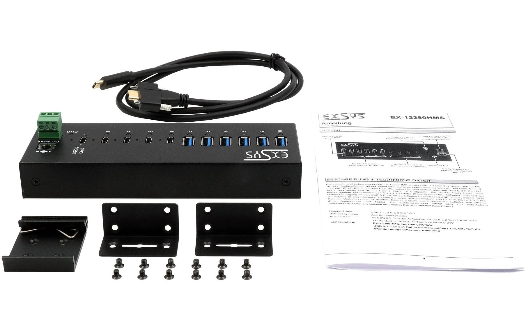 USB-Hub EX-12280HMS<br>10 Port USB Metall HUB für Tisch, Wand und DIN-Rail Montage