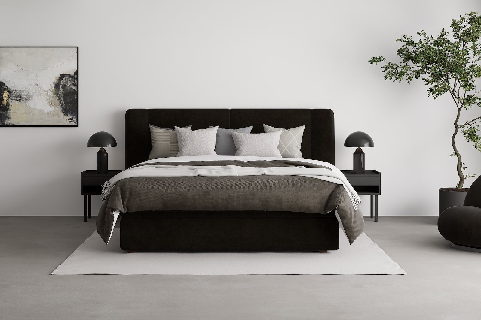 Premium LUX 3 kontinental 150x200 cm I tekstil Copenhagen 800 sort. Medium / medium med Premium lux 3 overmadrass og sort firkantede ben 10 cm, gavl selges separate