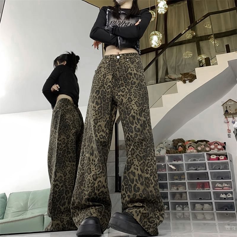 Saccharine - Mid Rise Leopard Print Wijde Broek