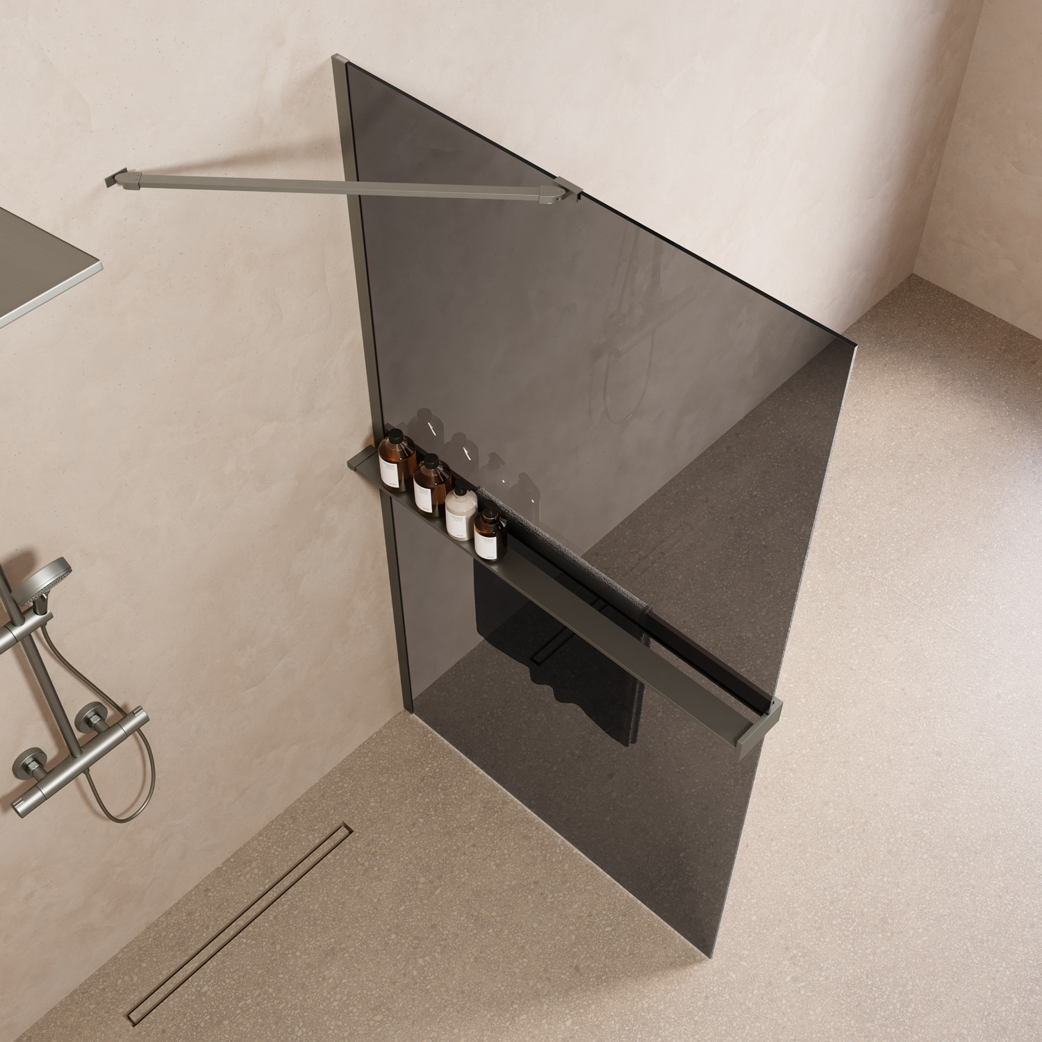 Saniclear Oblique inloopdouche 120cm met handdoekhouder en rookglas RVS