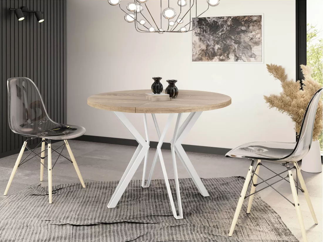 Table Ronde Salle à Manger - 100/176 Cm De Diamètre - Table à Rallonges Avec Pieds En Métal Blanc - Style Industriel - Compacte - Chêne Sonoma
