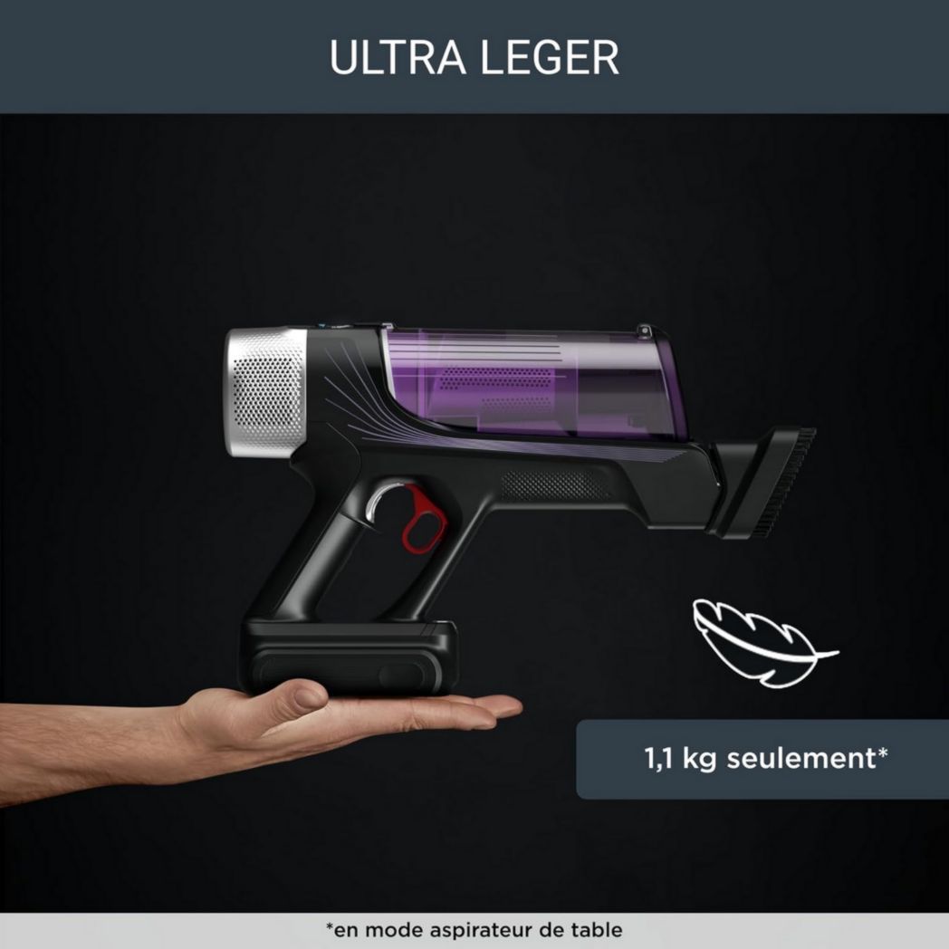 Aspirateur balai sans fil Rowenta X-Force Flex 9.60 Allergy, filtration anti-allergènes, puissance 100 AW, ultra léger, autonomie 45 min RH2038WO, noir/violet