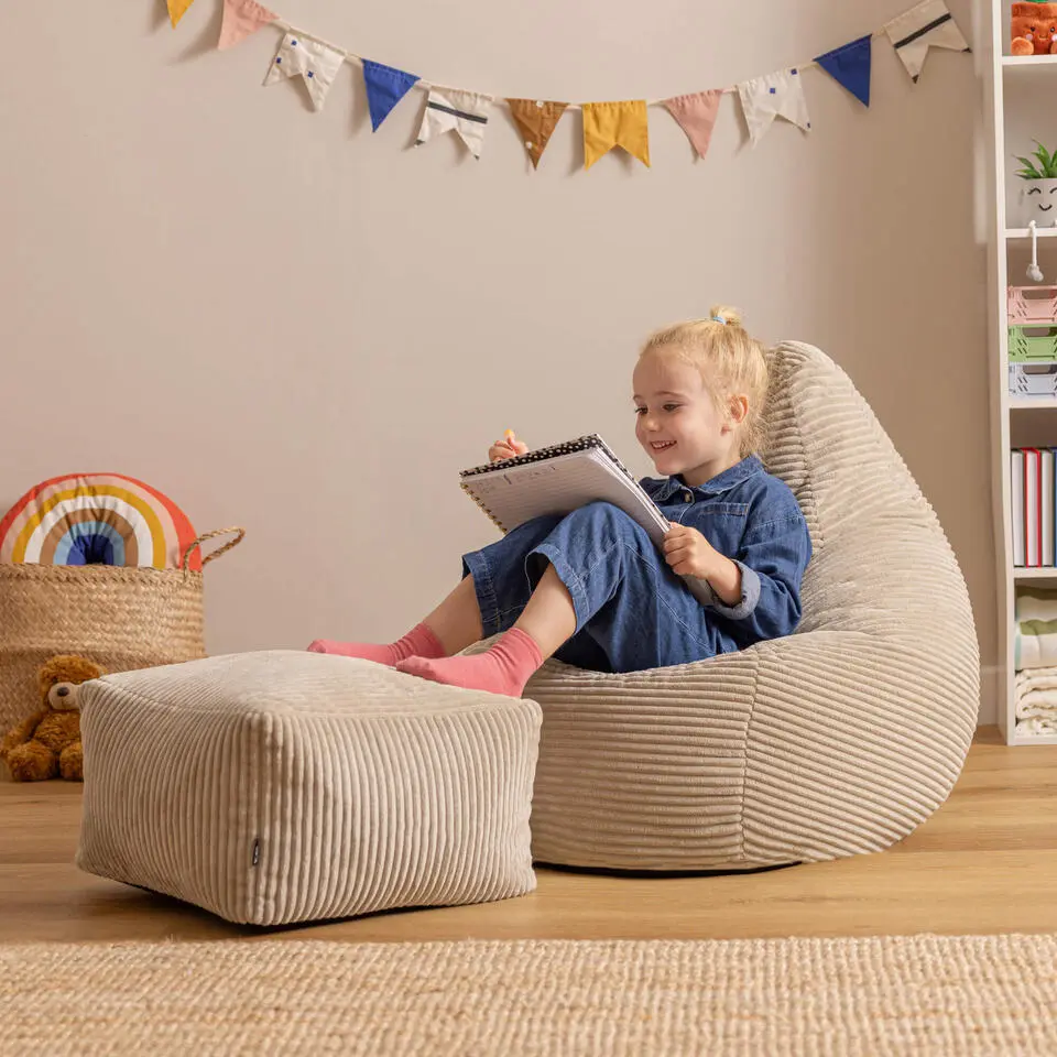 icon - Dalton Kinderzitzak Stoel met Poef - Ribfluweel - Beige