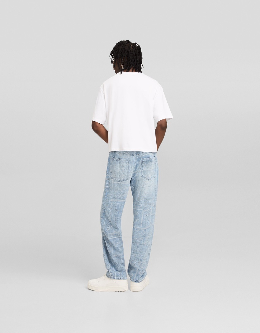calça jeans jacquard folgada