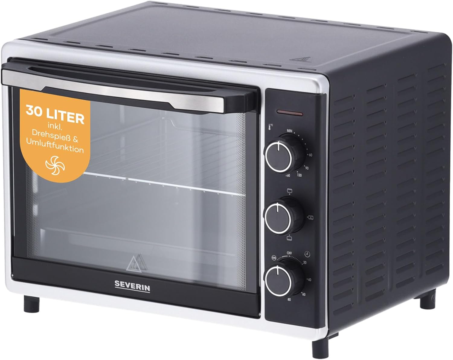 SEVERIN Back- und Toastofen mit Umluftfunktion, Mini Backofen mit Grillrost und Backblech, 30 L Kapazität, 1.600 W, silber /schwarz, TO 2056
