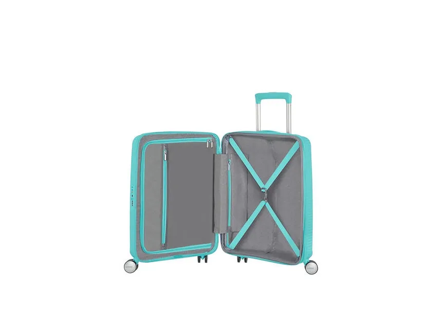American Tourister Sounbox Spinner Expandable (4 wheels) 55cm, Trolley, Hård skal, Blå, Poolside Blue, Lille, Polypropylen (PP)