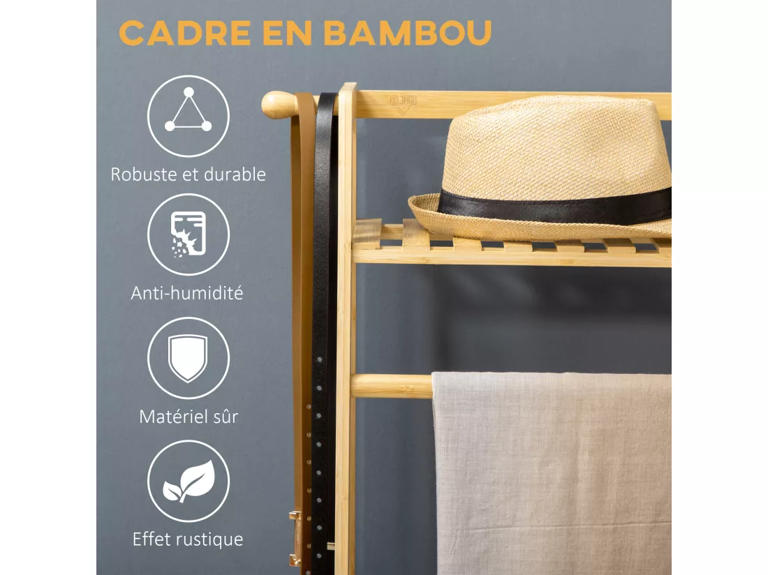 Portant à vêtements penderie - 2 étagères, 2 patères, barre de suspension - bambou verni