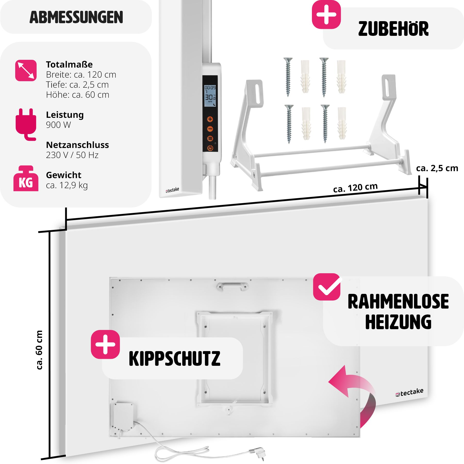 tectake® Infrarotheizung, rahmenlos mit Thermostat, Überhitzungsschutz, einfache Wand- oder Deckenmontage, inklusive Ständer