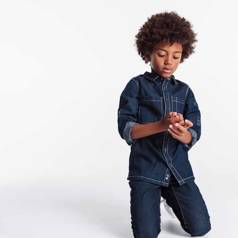 Chemise manches longues en jean brut bleue garçon