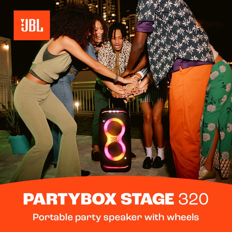 JBL - Stage320 PartyBox - Stærk Partyhøjttaler med Dynamisk Lysshow, TWS og Mic/Guitar-Indgange
