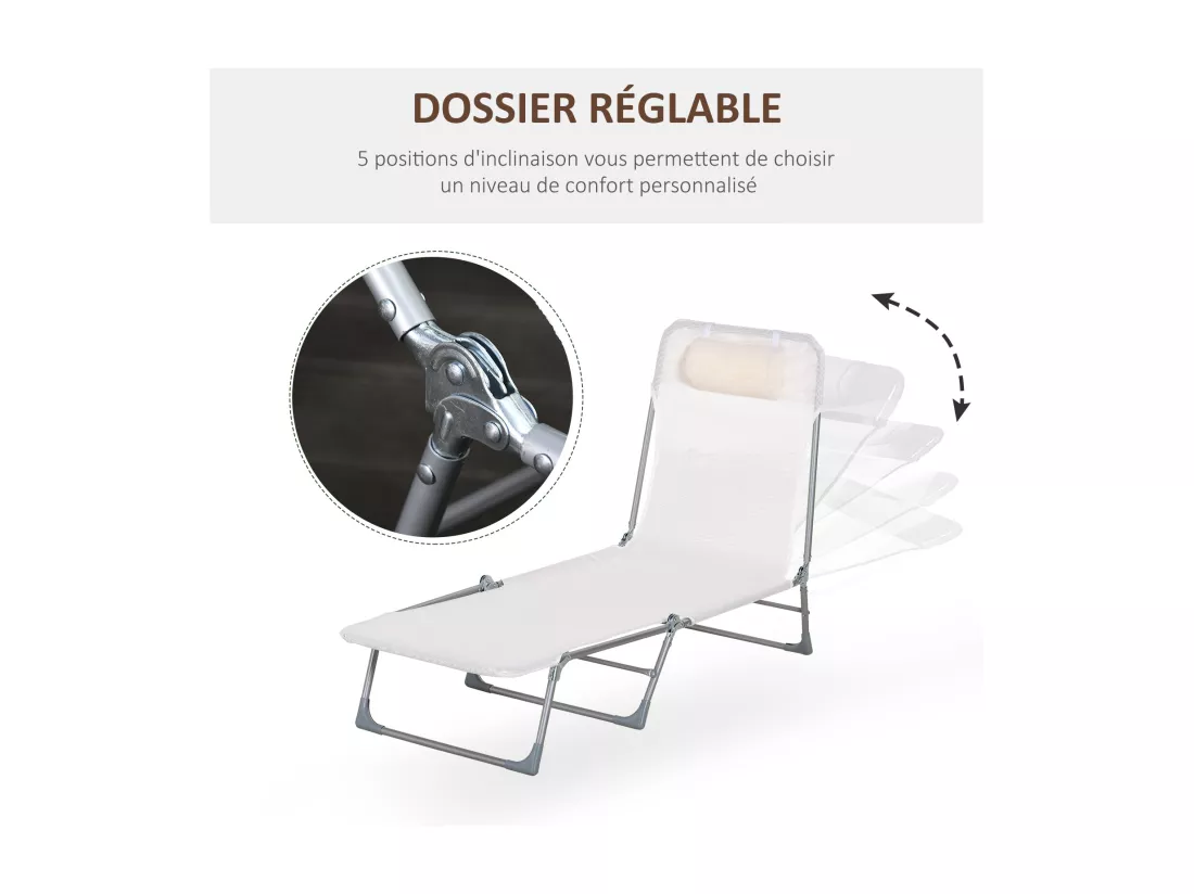 Bain de soleil transat pliable dossier réglable 5 positions acier teslin crème