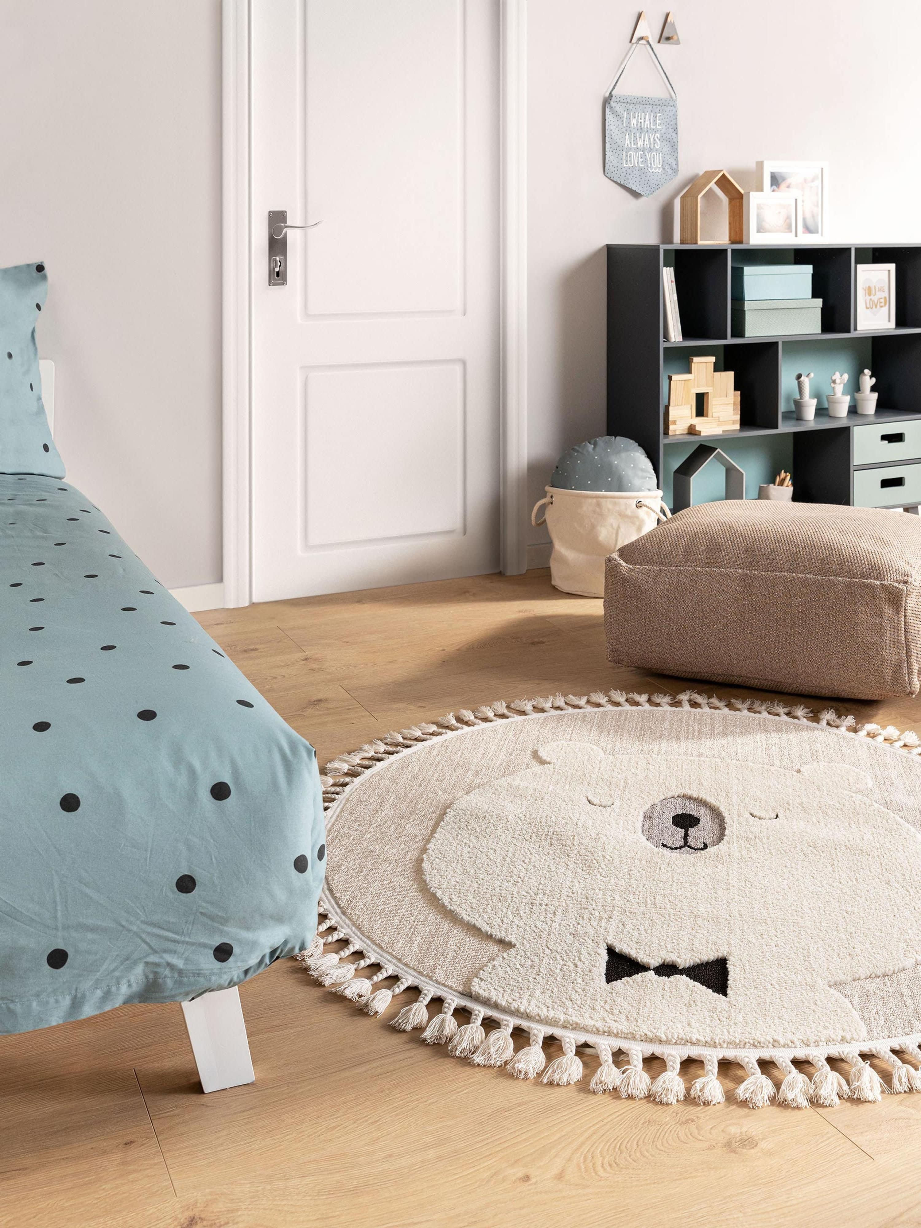 Rond kindervloerkleed Momo met kwastjes en hoog-laag effect