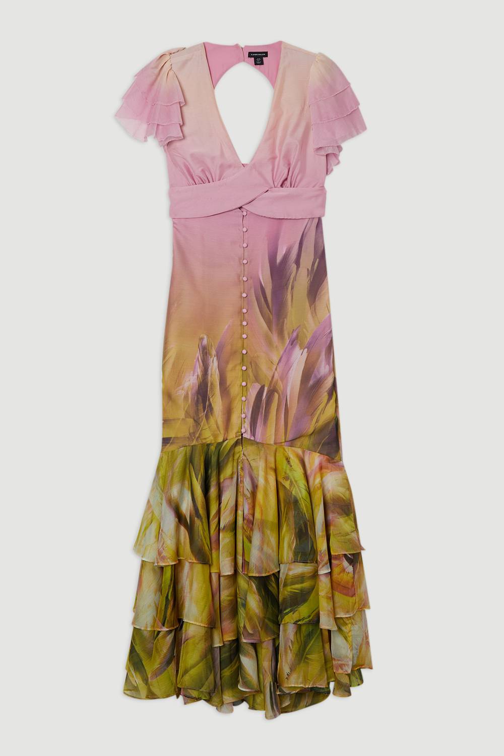 KarenMillen Robe maxi ombrée à imprimé floral avec manches à volants et fermeture boutonnée