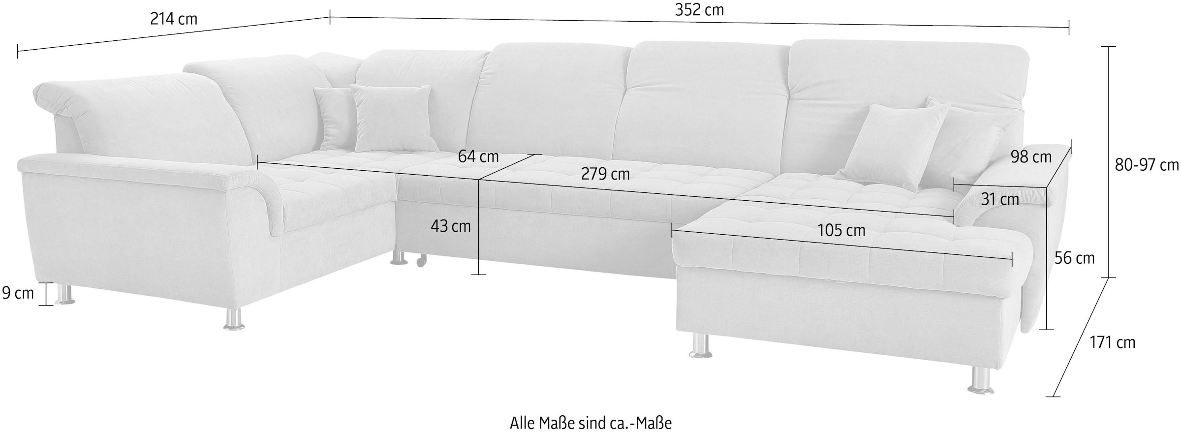 DOMO collection Wohnlandschaft »Franzi optional mit Bettfunktion, Bettkasten & Kopfteilverstellung« U-Form, Recamiere rechts, pastelblau, B/T: 344/206 cm