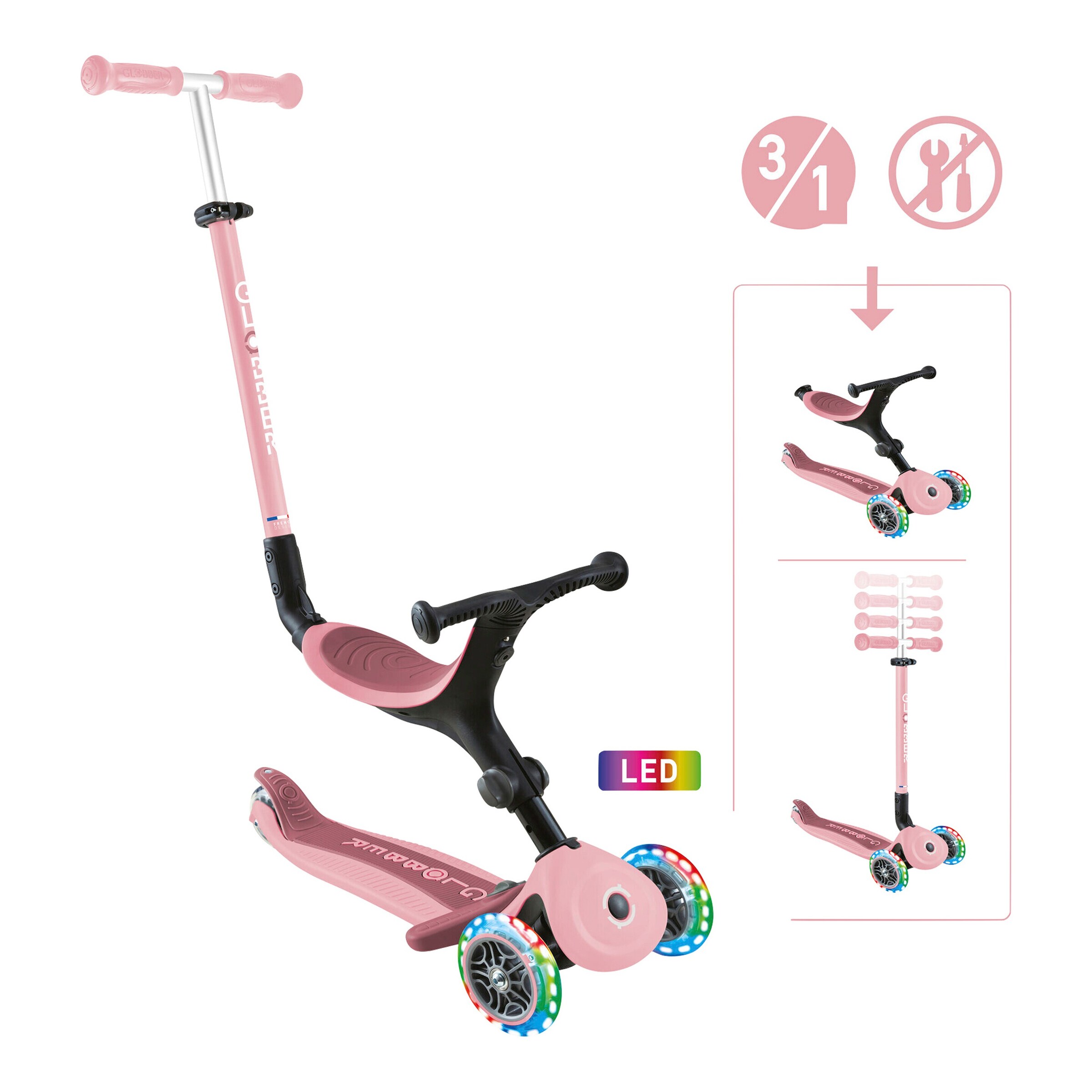 Globber Scooter 3in1 Go-Up active mit Leuchtrollen rosa