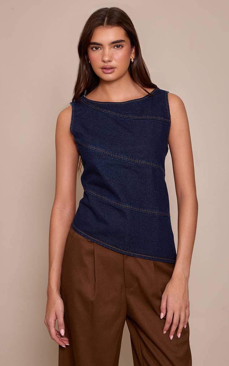 Bleu Indigo Haut En Denim Sans Manches À Détail De Couture Asymétrique