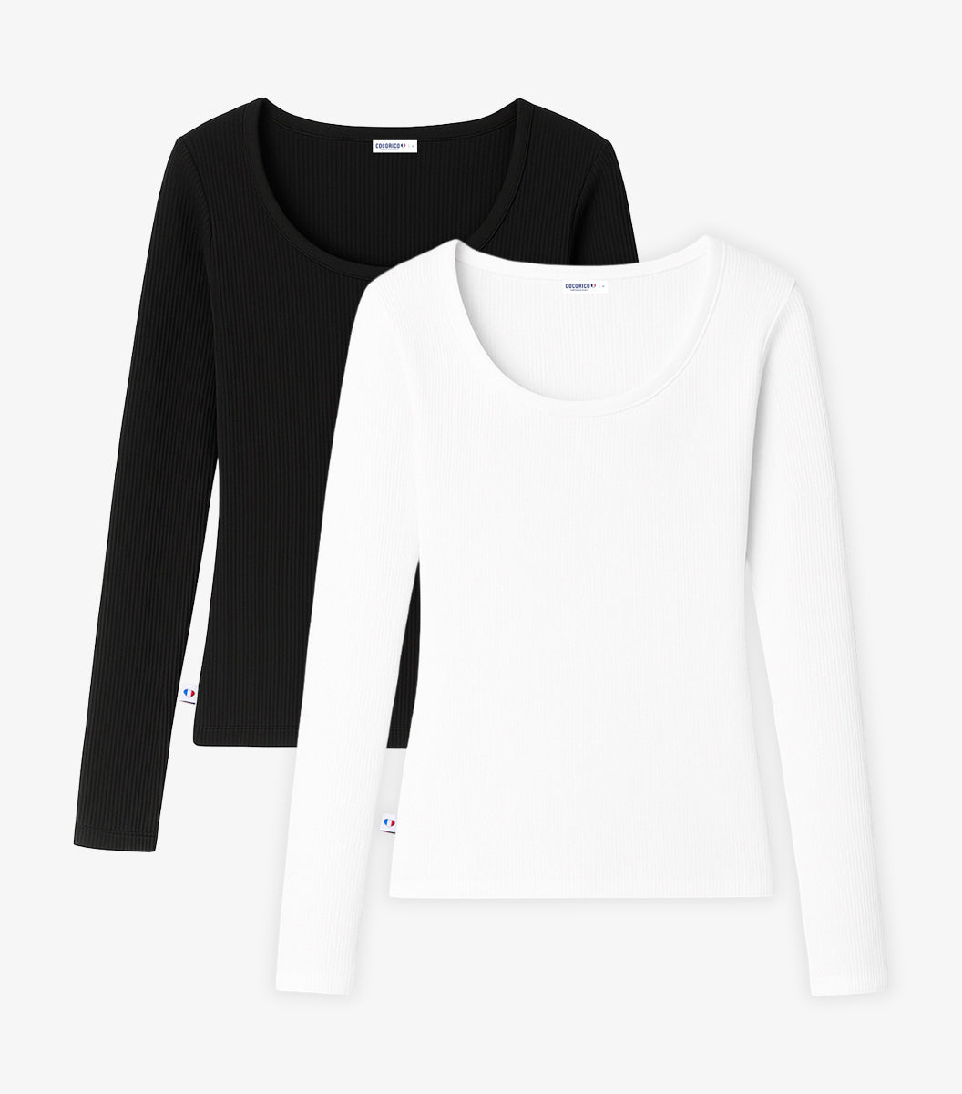 T-shirt Femme Côtelé Manches Longues x2 Blanc Noir - Pack Intemporel