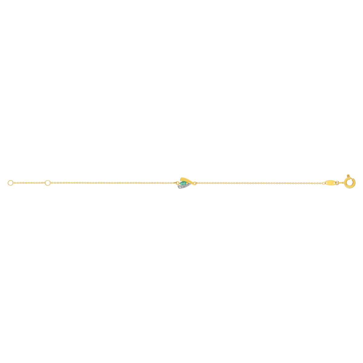 Bracelet or 375 jaune 2 tons émeraude et diamant 18cm avec anneau de raccourcissement 16cm