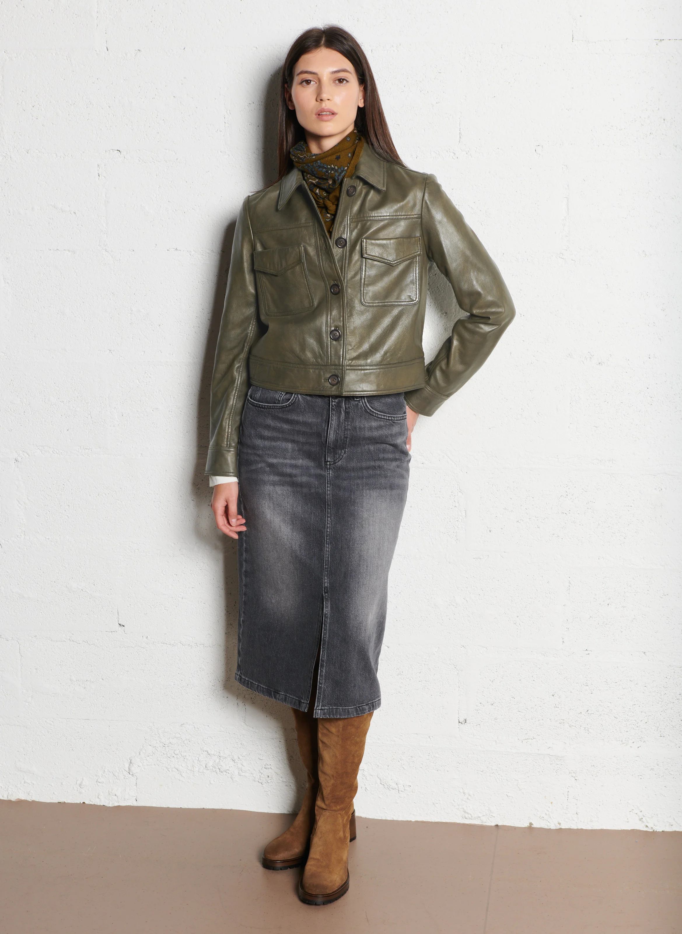 DONNA - Blouson col classique en cuir | Vert