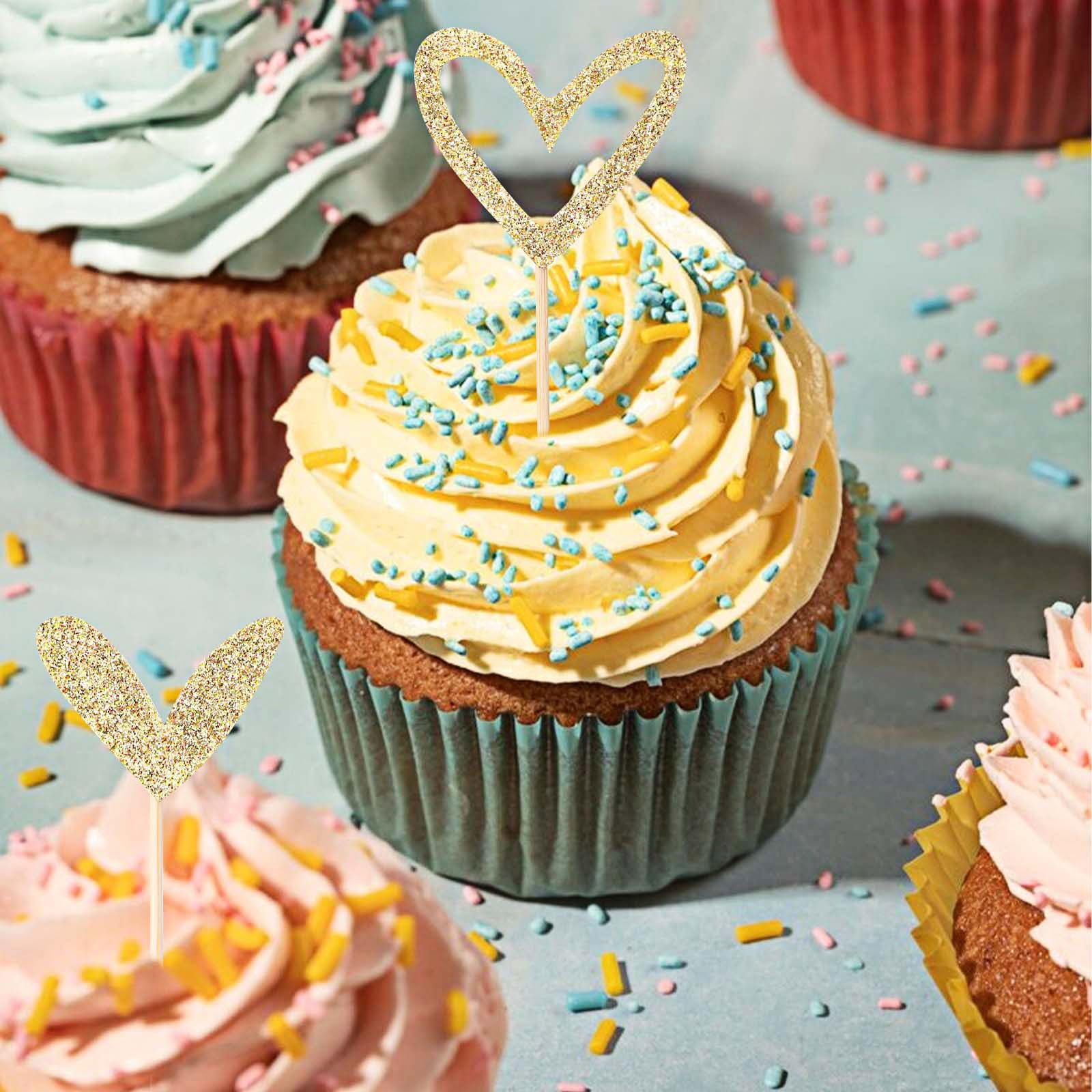(24-tlg. Set) Kuchenstecker Glitzer Herz Tortenstecker Topper Dekoration für Torten / Kuchen - Gold