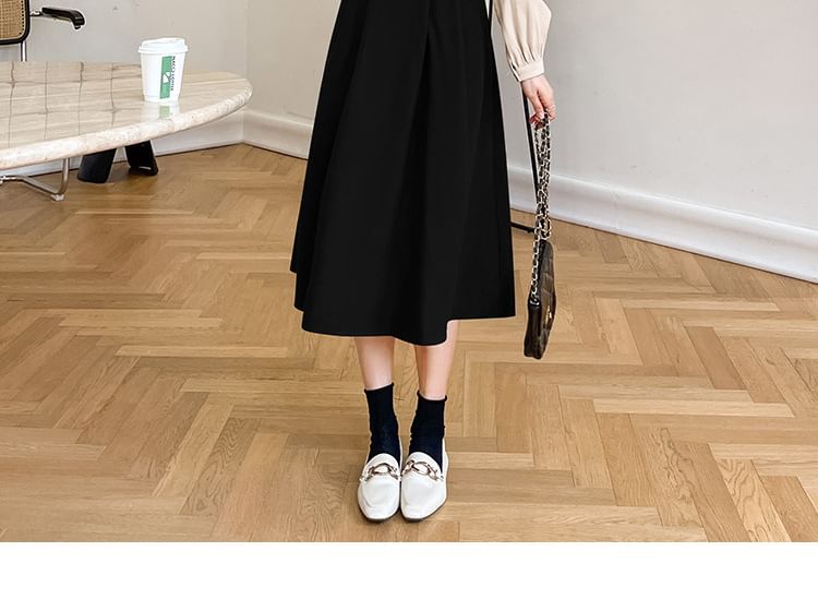 aistera - Mock Two-Piece Long-Mock Collared Bow Accent Tie Waist Midi A-Line Dress