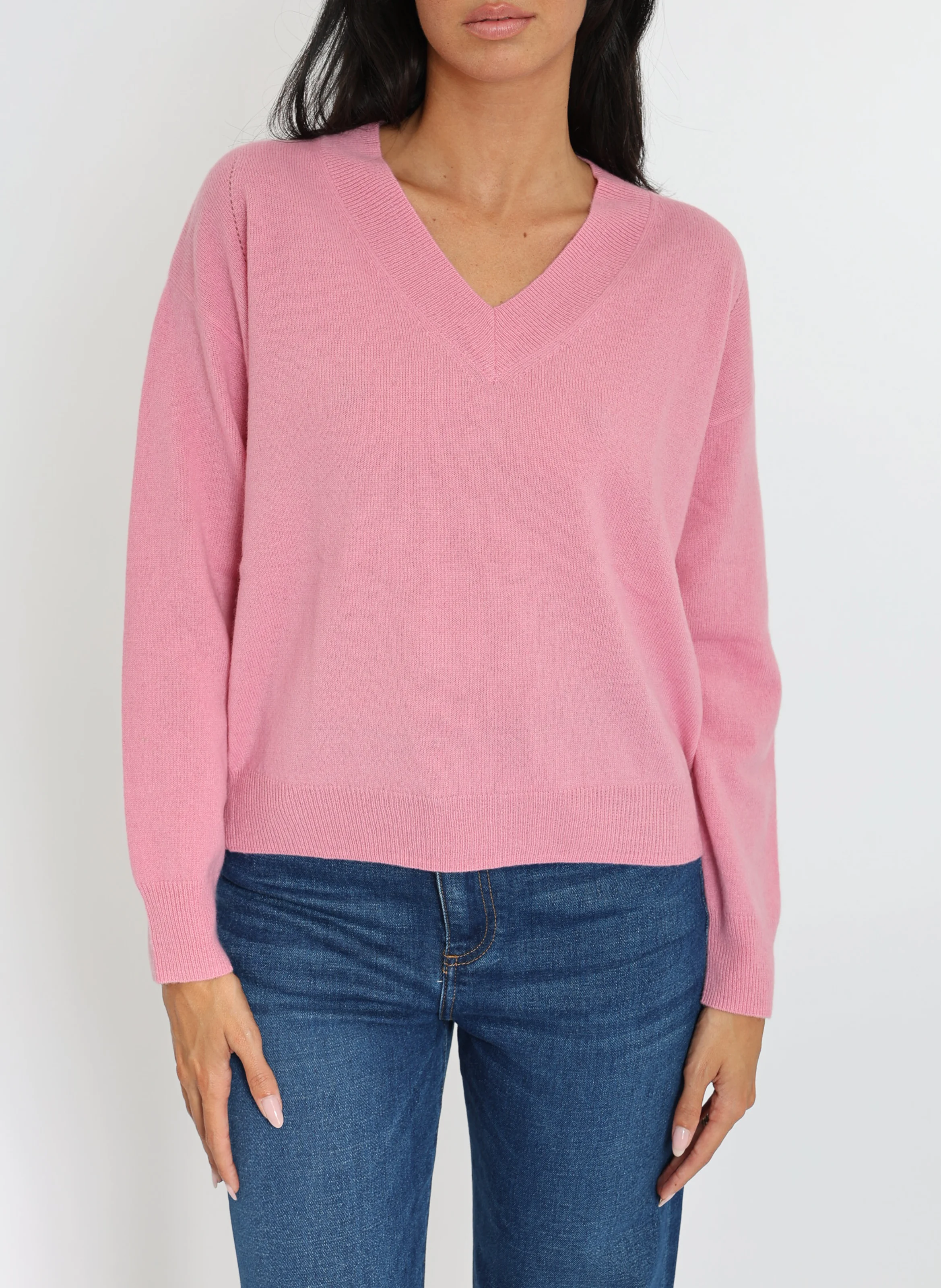 ANITA - Pull ample col V en laine et cachemire | Rose