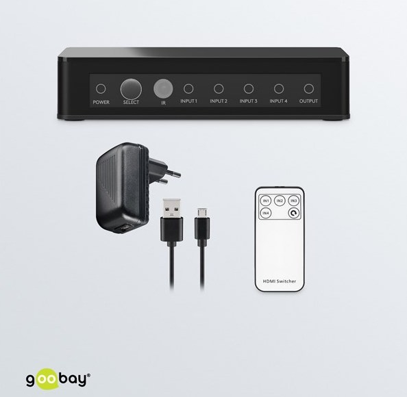 4-fach HDMI 2.0 4K Adapter Splitter Switch Audio Video Konverter Umschaltbox 4 x Input / 1 x Output mit Fernbedienung (58489) - Schwarz