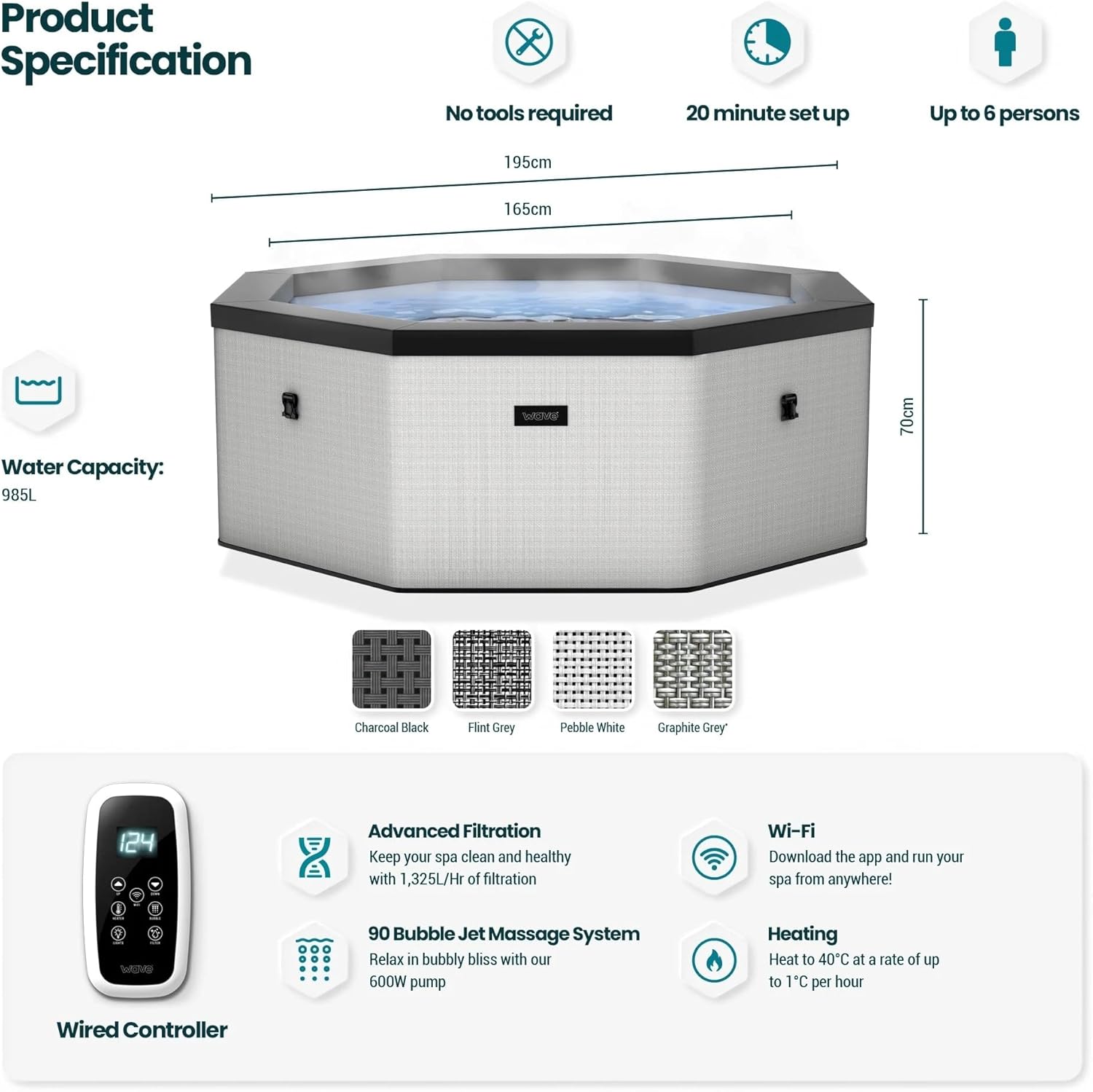 Wave Eco Foam Spas | Tragbarer Outdoor-Hot Tub mit schneller Aufheizung | Strapazierfähiges PVC-Material | Einfacher Aufbau (Como, 6 Personen | Graphitgrau)