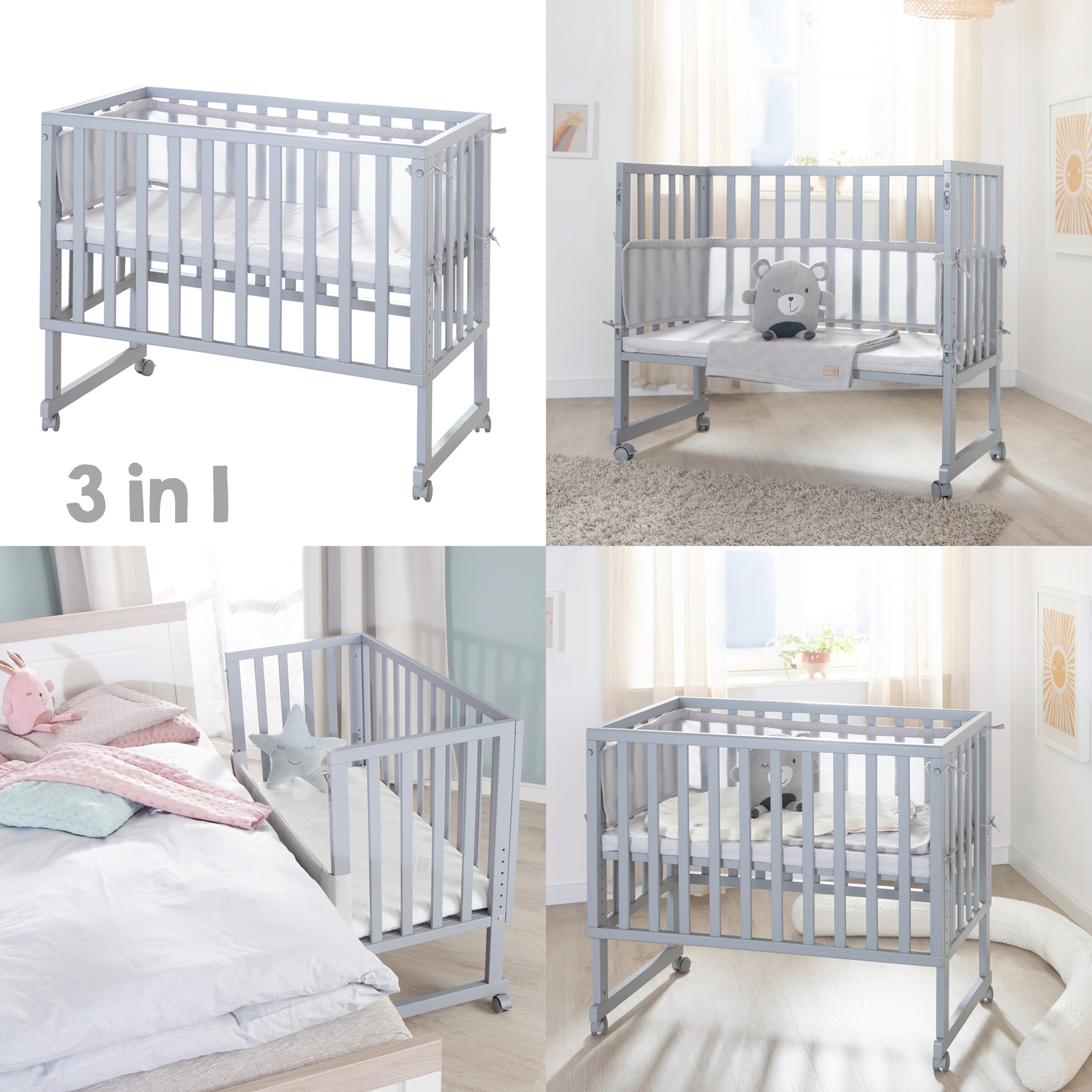 roba Stuben- & Beistellbett 3in1 mit Barriere  roba Style grau