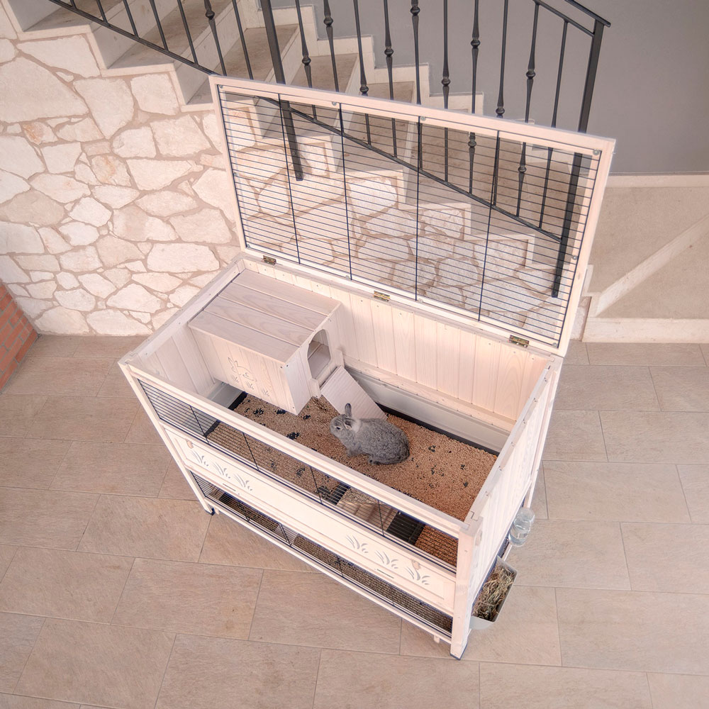 Ferplast clapier d'intérieur pour lapins cottage large, bois fsc, 2 étages, accessoires inclus