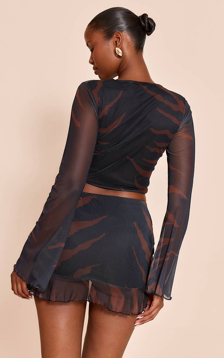 Noir Ensemble Jupe Mini En Mesh À Imprimé Abstrait Avec Ourlet À Volants