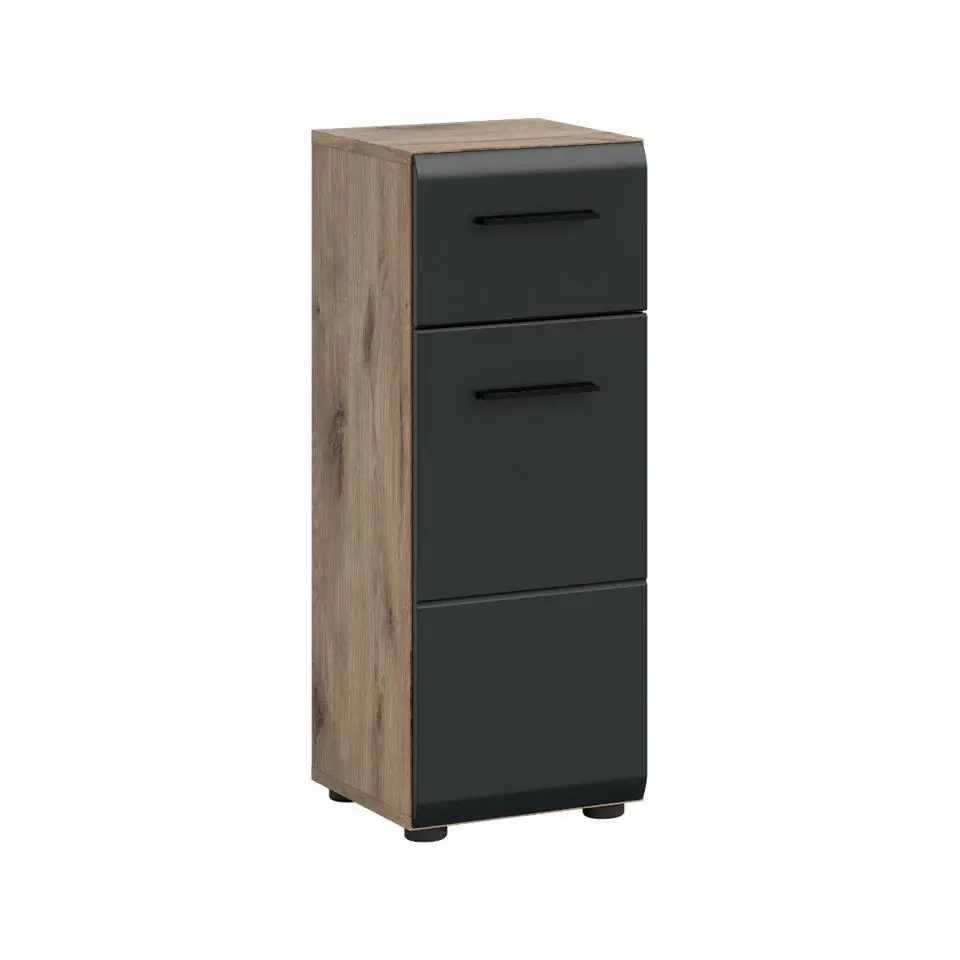 Hioshop Ice badkamerkast 1 deur- 1 lade zwart mat- eiken decor