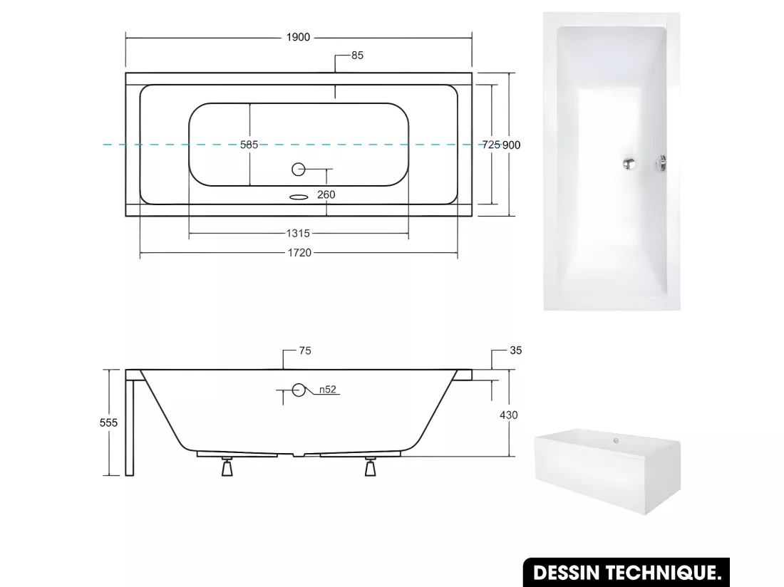 Baignoire rectangulaire - avec Tablier Blanc et Repose Tête OFFERT | QUADRO | 190 x 90 cm