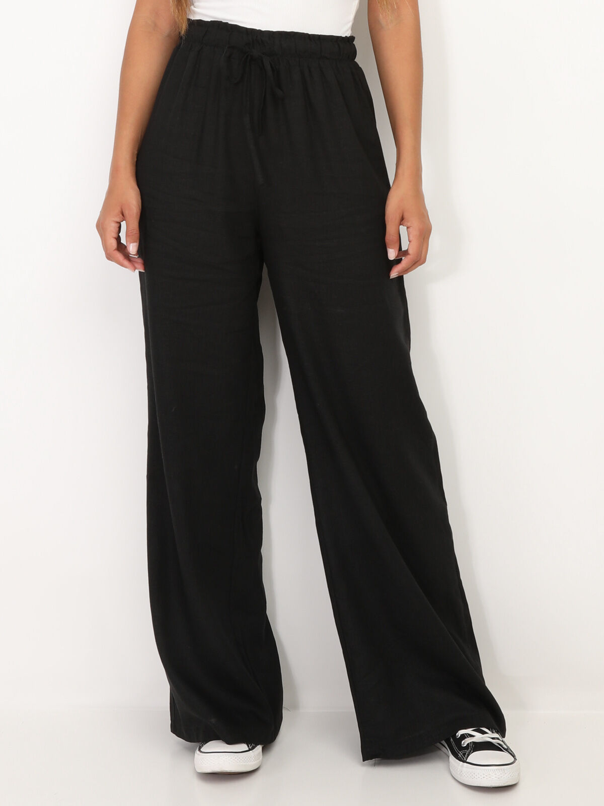 Pantalon en lin large à liens- Noir